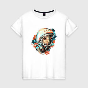 Женская футболка хлопок с принтом Гагарин в Кировске, 100% хлопок | прямой крой, круглый вырез горловины, длина до линии бедер, слегка спущенное плечо | 12 апреля | астронавт | вселенная | день космонавтики | звезды | космонавт | космос | луна | планета | поехали | полет | ссср | юрий