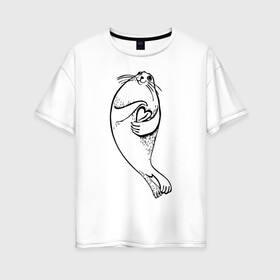 Женская футболка хлопок Oversize с принтом Нерпа Нина с Байкалом в Кировске, 100% хлопок | свободный крой, круглый ворот, спущенный рукав, длина до линии бедер
 | baikal | irkutsk | байкал | иркутск | нерпа