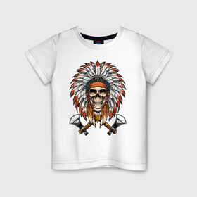 Детская футболка хлопок с принтом Индейский череп с топорами в Кировске, 100% хлопок | круглый вырез горловины, полуприлегающий силуэт, длина до линии бедер | индейцы | куп | орёл | перья | роуч | скелет | томагавк | топор