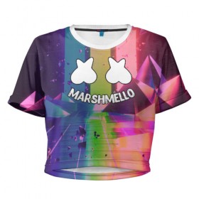 Женская футболка 3D укороченная с принтом Marshmello MUSIC в Кировске, 100% полиэстер | круглая горловина, длина футболки до линии талии, рукава с отворотами | 