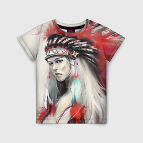 Детская футболка 3D с принтом Индейская девушка в Кировске, 100% гипоаллергенный полиэфир | прямой крой, круглый вырез горловины, длина до линии бедер, чуть спущенное плечо, ткань немного тянется | Тематика изображения на принте: африка | индейцы | куп | перо | перья | этно