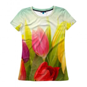 Женская футболка 3D с принтом Тюльпаны в Кировске, 100% полиэфир ( синтетическое хлопкоподобное полотно) | прямой крой, круглый вырез горловины, длина до линии бедер | бабушке | девочке | девушке | дочке | желтые цветы | женщине | маме | подруге | природа | розовые цветы | розы | сестре | теще | тюльпаны | цветы