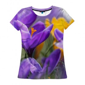 Женская футболка 3D с принтом Фиолетовые цветы в Кировске, 100% полиэфир ( синтетическое хлопкоподобное полотно) | прямой крой, круглый вырез горловины, длина до линии бедер | бабушке | девочке | девушке | дочке | желтые цветы | женщине | маме | подруге | природа | розовые цветы | розы | сестре | теще | тюльпаны | цветы