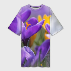 Платье-футболка 3D с принтом Фиолетовые цветы в Кировске,  |  | бабушке | девочке | девушке | дочке | желтые цветы | женщине | маме | подруге | природа | розовые цветы | розы | сестре | теще | тюльпаны | цветы
