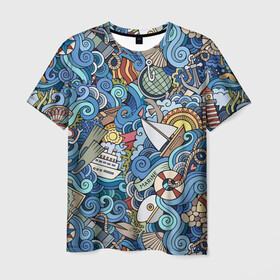 Мужская футболка 3D с принтом Морской коллаж в Кировске, 100% полиэфир | прямой крой, круглый вырез горловины, длина до линии бедер | mari | весло | волны | галька | графика | детский | иллюстрация | канат | карта | картинка | коллаж | компас | корабль | маяк | мода | море | морской | облако | океан | птица | рисунок | рыбы | солнце | стиль