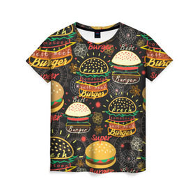 Женская футболка 3D с принтом Гамбургеры в Кировске, 100% полиэфир ( синтетическое хлопкоподобное полотно) | прямой крой, круглый вырез горловины, длина до линии бедер | hamburgers | sandwic | булочка | бутерброды | быстрая | гамбургер | гамбургеры | геометрический | графика | еда | зелень | иллюстрация | картинка | кунжут | мода | мясо | надпись | орнамент | рисунок | свежий