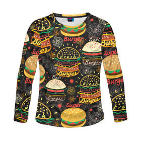 Женский лонгслив 3D с принтом Гамбургеры в Кировске, 100% полиэстер | длинные рукава, круглый вырез горловины, полуприлегающий силуэт | hamburgers | sandwic | булочка | бутерброды | быстрая | гамбургер | гамбургеры | геометрический | графика | еда | зелень | иллюстрация | картинка | кунжут | мода | мясо | надпись | орнамент | рисунок | свежий