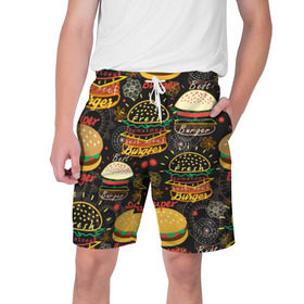 Мужские шорты 3D с принтом Гамбургеры в Кировске,  полиэстер 100% | прямой крой, два кармана без застежек по бокам. Мягкая трикотажная резинка на поясе, внутри которой широкие завязки. Длина чуть выше колен | hamburgers | sandwic | булочка | бутерброды | быстрая | гамбургер | гамбургеры | геометрический | графика | еда | зелень | иллюстрация | картинка | кунжут | мода | мясо | надпись | орнамент | рисунок | свежий