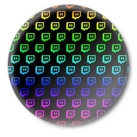 Значок с принтом Twitch в Кировске,  металл | круглая форма, металлическая застежка в виде булавки | game | gamer | logo | twitch | twitties | градиент | игры | логотип | стрим | твитч | текстура