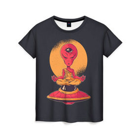 Женская футболка 3D с принтом Пришелец в Кировске, 100% полиэфир ( синтетическое хлопкоподобное полотно) | прямой крой, круглый вырез горловины, длина до линии бедер | alien | ufo | инопланетяне | инопланетянин | медитация | нло | пришелец | пришельцы