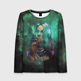 Женский лонгслив 3D с принтом Billie Eilish Space в Кировске, 100% полиэстер | длинные рукава, круглый вырез горловины, полуприлегающий силуэт | Тематика изображения на принте: billie eilish | lovely | music | ocean eyes | pop | билли айлиш | девушка | музыка | океан | поп | эйлиш | элиш