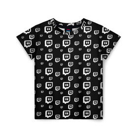 Детская футболка 3D с принтом Twitch в Кировске, 100% гипоаллергенный полиэфир | прямой крой, круглый вырез горловины, длина до линии бедер, чуть спущенное плечо, ткань немного тянется | black and white | game | gamer | logo | pattern | twitch | twitties | игры | логотип | паттерн | стрим | твитч | текстура | черно белый