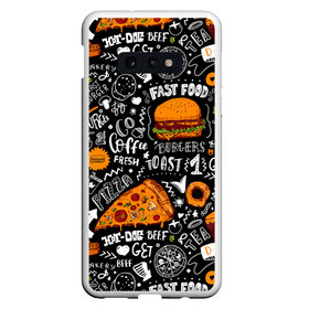 Чехол для Samsung S10E с принтом Fast food в Кировске, Силикон | Область печати: задняя сторона чехла, без боковых панелей | fast | food | hambu | булочка | бутерброды | быстрое | гамбургеры | графика | еда | зелень | иллюстрация | картинка | кунжут | мода | мясо | надпись | орнамент | питание | пицца | пончики | рисунок | свежий