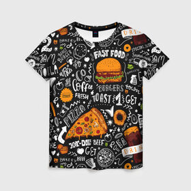 Женская футболка 3D с принтом Fast food в Кировске, 100% полиэфир ( синтетическое хлопкоподобное полотно) | прямой крой, круглый вырез горловины, длина до линии бедер | Тематика изображения на принте: fast | food | hambu | булочка | бутерброды | быстрое | гамбургеры | графика | еда | зелень | иллюстрация | картинка | кунжут | мода | мясо | надпись | орнамент | питание | пицца | пончики | рисунок | свежий