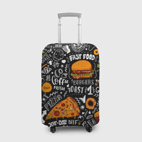 Чехол для чемодана 3D с принтом Fast food в Кировске, 86% полиэфир, 14% спандекс | двустороннее нанесение принта, прорези для ручек и колес | fast | food | hambu | булочка | бутерброды | быстрое | гамбургеры | графика | еда | зелень | иллюстрация | картинка | кунжут | мода | мясо | надпись | орнамент | питание | пицца | пончики | рисунок | свежий