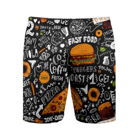 Мужские шорты спортивные с принтом Fast food в Кировске,  |  | fast | food | hambu | булочка | бутерброды | быстрое | гамбургеры | графика | еда | зелень | иллюстрация | картинка | кунжут | мода | мясо | надпись | орнамент | питание | пицца | пончики | рисунок | свежий