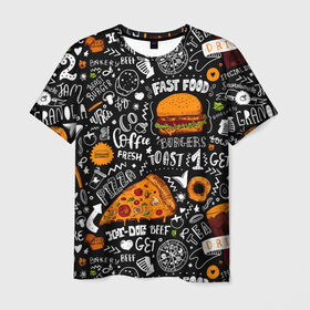 Мужская футболка 3D с принтом Fast food в Кировске, 100% полиэфир | прямой крой, круглый вырез горловины, длина до линии бедер | fast | food | hambu | булочка | бутерброды | быстрое | гамбургеры | графика | еда | зелень | иллюстрация | картинка | кунжут | мода | мясо | надпись | орнамент | питание | пицца | пончики | рисунок | свежий