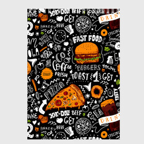 Скетчбук с принтом Fast food в Кировске, 100% бумага
 | 48 листов, плотность листов — 100 г/м2, плотность картонной обложки — 250 г/м2. Листы скреплены сверху удобной пружинной спиралью | fast | food | hambu | булочка | бутерброды | быстрое | гамбургеры | графика | еда | зелень | иллюстрация | картинка | кунжут | мода | мясо | надпись | орнамент | питание | пицца | пончики | рисунок | свежий