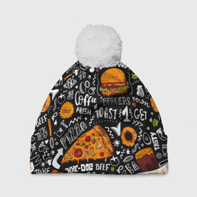 Шапка 3D c помпоном с принтом Fast food в Кировске, 100% полиэстер | универсальный размер, печать по всей поверхности изделия | fast | food | hambu | булочка | бутерброды | быстрое | гамбургеры | графика | еда | зелень | иллюстрация | картинка | кунжут | мода | мясо | надпись | орнамент | питание | пицца | пончики | рисунок | свежий