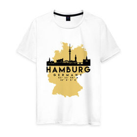 Мужская футболка хлопок с принтом Гамбург - Германия в Кировске, 100% хлопок | прямой крой, круглый вырез горловины, длина до линии бедер, слегка спущенное плечо. | Тематика изображения на принте: adventure | city | germany | travel | world | берлин | гамбург | германия | город | государство | европа | жизнь | карта | культура | люди | мир | народ | партиот | планета | приключение | путешествие | спорт | ссср | столи