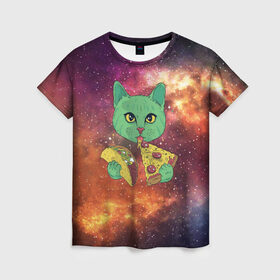 Женская футболка 3D с принтом Космический Кот в Кировске, 100% полиэфир ( синтетическое хлопкоподобное полотно) | прямой крой, круглый вырез горловины, длина до линии бедер | cat | cosmic | galaxy | pizza | taco | в космосе | галактика | космос | кот | коты | пицца | тако
