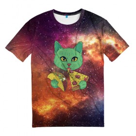 Мужская футболка 3D с принтом Космический Кот в Кировске, 100% полиэфир | прямой крой, круглый вырез горловины, длина до линии бедер | Тематика изображения на принте: cat | cosmic | galaxy | pizza | taco | в космосе | галактика | космос | кот | коты | пицца | тако