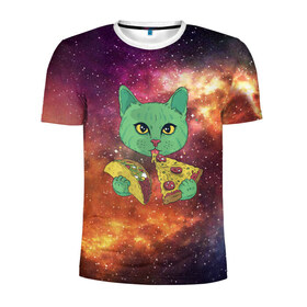 Мужская футболка 3D спортивная с принтом Космический Кот в Кировске, 100% полиэстер с улучшенными характеристиками | приталенный силуэт, круглая горловина, широкие плечи, сужается к линии бедра | Тематика изображения на принте: cat | cosmic | galaxy | pizza | taco | в космосе | галактика | космос | кот | коты | пицца | тако