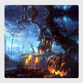 Магнитный плакат 3Х3 с принтом Хэллоуин в Кировске, Полимерный материал с магнитным слоем | 9 деталей размером 9*9 см | candles | d | fear | forest | halloween | horror | hut | night | pumpkin | ворота | глаза | железные | забор | изба | иллюстрация | картинка | красные | лес | мода | молния | ночь | облака | праздник | рисунок | свечи | серый | совы