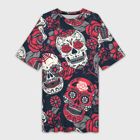 Платье-футболка 3D с принтом Мексиканские черепа в Кировске,  |  | графика | день мертвых | знак | иллюстрация | искусство | картинка | мексика | мексиканские | мода | национальный | орнамент | паутина | поминки | праздник | рисунок | розы | ромашки | символ | стиль