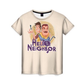 Женская футболка 3D с принтом Hello Neighbor в Кировске, 100% полиэфир ( синтетическое хлопкоподобное полотно) | прямой крой, круглый вырез горловины, длина до линии бедер | hello | horror | neighbor | survival | дом | нейбор | паркура | привет | сосед | стратегия | хеллоу