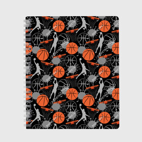 Тетрадь с принтом Basketball в Кировске, 100% бумага | 48 листов, плотность листов — 60 г/м2, плотность картонной обложки — 250 г/м2. Листы скреплены сбоку удобной пружинной спиралью. Уголки страниц и обложки скругленные. Цвет линий — светло-серый
 | basket | basketball | баскетбол | баскетбольные | болельщик | бросок | брызги | графика | иллюстрация | капли | картинка | кляксы | кольцо | мода | мячи | надпись | прыжок | рисунок | сетка | сила | скорость