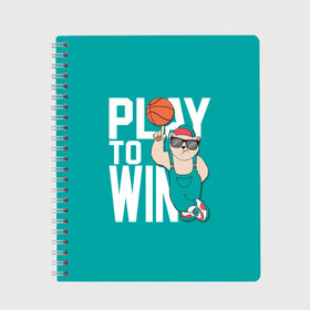 Тетрадь с принтом Play to win в Кировске, 100% бумага | 48 листов, плотность листов — 60 г/м2, плотность картонной обложки — 250 г/м2. Листы скреплены сбоку удобной пружинной спиралью. Уголки страниц и обложки скругленные. Цвет линий — светло-серый
 | баскетбол | баскетбольный | бейсболка | графика | животное | зелёный | играй | иллюстрация | картинка | комбинезон | кот | кроссовки | крутит | мода | мяч | на пальце | надпись | очки | победы | ради