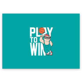 Поздравительная открытка с принтом Play to win в Кировске, 100% бумага | плотность бумаги 280 г/м2, матовая, на обратной стороне линовка и место для марки
 | баскетбол | баскетбольный | бейсболка | графика | животное | зелёный | играй | иллюстрация | картинка | комбинезон | кот | кроссовки | крутит | мода | мяч | на пальце | надпись | очки | победы | ради