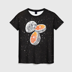 Женская футболка 3D с принтом Луна в Кировске, 100% полиэфир ( синтетическое хлопкоподобное полотно) | прямой крой, круглый вырез горловины, длина до линии бедер | cosmic | galaxy | moon | orange | апельсин | в космосе | галактика | космос | луна | планета | планеты