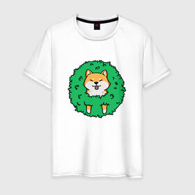 Мужская футболка хлопок с принтом Bush Shiba Inu в Кировске, 100% хлопок | прямой крой, круглый вырез горловины, длина до линии бедер, слегка спущенное плечо. | акита | аниме | зелень | китай | куст | милый | пес | песик | собака | собачка | щенок | япония