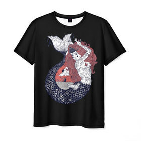 Мужская футболка 3D с принтом Русалка в Кировске, 100% полиэфир | прямой крой, круглый вырез горловины, длина до линии бедер | акула | взгляд | вода | волосы | глубина | девушка | длинные | женщина | звезды | корабль | кости | красная | маяк | море | небо | океан | роковая | русалки | рыба | рыжая | солнце | тату | татуировки | тонет
