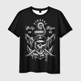 Мужская футболка 3D с принтом Pirates в Кировске, 100% полиэфир | прямой крой, круглый вырез горловины, длина до линии бедер | b | pirates | robbers | sea | skull | бандана | веселый | графика | иллюстрация | канат | картинка | кости | логотип | мода | морские | надпись | оружие | пираты | платок | разбойники | рисунок | роджер | сабли | стиль