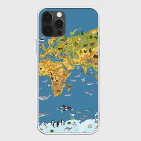 Чехол для iPhone 12 Pro с принтом Карта мира в Кировске, силикон | область печати: задняя сторона чехла, без боковых панелей | азия | акулы | америка | антарктида | бизон | волк | европа | животные | зебра | кабан | карта | киты | лама | лев | лось | материки | медведь | мира | моржи | моря | океаны | пингвины | птицы | реки | рыбы