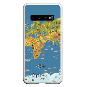 Чехол для Samsung Galaxy S10 с принтом Карта мира в Кировске, Силикон | Область печати: задняя сторона чехла, без боковых панелей | азия | акулы | америка | антарктида | бизон | волк | европа | животные | зебра | кабан | карта | киты | лама | лев | лось | материки | медведь | мира | моржи | моря | океаны | пингвины | птицы | реки | рыбы