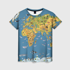Женская футболка 3D с принтом Карта мира в Кировске, 100% полиэфир ( синтетическое хлопкоподобное полотно) | прямой крой, круглый вырез горловины, длина до линии бедер | азия | акулы | америка | антарктида | бизон | волк | европа | животные | зебра | кабан | карта | киты | лама | лев | лось | материки | медведь | мира | моржи | моря | океаны | пингвины | птицы | реки | рыбы