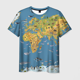 Мужская футболка 3D с принтом Карта мира в Кировске, 100% полиэфир | прямой крой, круглый вырез горловины, длина до линии бедер | Тематика изображения на принте: азия | акулы | америка | антарктида | бизон | волк | европа | животные | зебра | кабан | карта | киты | лама | лев | лось | материки | медведь | мира | моржи | моря | океаны | пингвины | птицы | реки | рыбы
