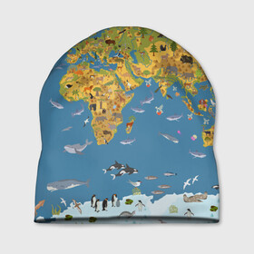 Шапка 3D с принтом Карта мира в Кировске, 100% полиэстер | универсальный размер, печать по всей поверхности изделия | азия | акулы | америка | антарктида | бизон | волк | европа | животные | зебра | кабан | карта | киты | лама | лев | лось | материки | медведь | мира | моржи | моря | океаны | пингвины | птицы | реки | рыбы