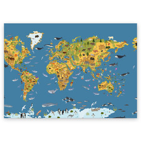 Поздравительная открытка с принтом Карта мира в Кировске, 100% бумага | плотность бумаги 280 г/м2, матовая, на обратной стороне линовка и место для марки
 | азия | акулы | америка | антарктида | бизон | волк | европа | животные | зебра | кабан | карта | киты | лама | лев | лось | материки | медведь | мира | моржи | моря | океаны | пингвины | птицы | реки | рыбы