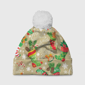 Шапка 3D c помпоном с принтом Merry christmas! в Кировске, 100% полиэстер | универсальный размер, печать по всей поверхности изделия | бежевый | ветки | графика | ёлка | ёлочные | ель | зима | игрушки | иллюстрация | картинка | колокольчики | мода | мороз | новый год | орнамент | подарки | праздник | рисунок | рождество | снег | снежинки