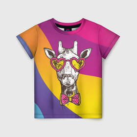 Детская футболка 3D с принтом Праздничный жираф в Кировске, 100% гипоаллергенный полиэфир | прямой крой, круглый вырез горловины, длина до линии бедер, чуть спущенное плечо, ткань немного тянется | бабочка | животное | жираф | модный | очки | праздничный | рожки | сердечки | хипстер | шея