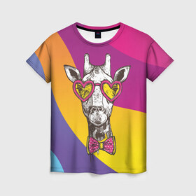 Женская футболка 3D с принтом Праздничный жираф в Кировске, 100% полиэфир ( синтетическое хлопкоподобное полотно) | прямой крой, круглый вырез горловины, длина до линии бедер | бабочка | животное | жираф | модный | очки | праздничный | рожки | сердечки | хипстер | шея