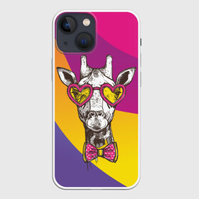 Чехол для iPhone 13 mini с принтом Праздничный жираф в Кировске,  |  | Тематика изображения на принте: бабочка | животное | жираф | модный | очки | праздничный | рожки | сердечки | хипстер | шея