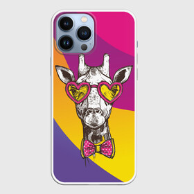 Чехол для iPhone 13 Pro Max с принтом Праздничный жираф в Кировске,  |  | Тематика изображения на принте: бабочка | животное | жираф | модный | очки | праздничный | рожки | сердечки | хипстер | шея