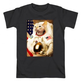 Мужская футболка хлопок с принтом Cat Astronaut в Кировске, 100% хлопок | прямой крой, круглый вырез горловины, длина до линии бедер, слегка спущенное плечо. | Тематика изображения на принте: nasa | space | америка | армстронг | астронавт | вселенная | киса | киска | космонавт | космос | кот | котейка | котенок | котэ | котя | кошка | лысый | полет | сфинкс
