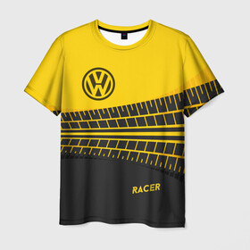 Мужская футболка 3D с принтом Volkswagen в Кировске, 100% полиэфир | прямой крой, круглый вырез горловины, длина до линии бедер | Тематика изображения на принте: racer | авто | автолюбитель. volkswagen | гонщик | желто черная | колесо | машина | след | фольксваген | шина